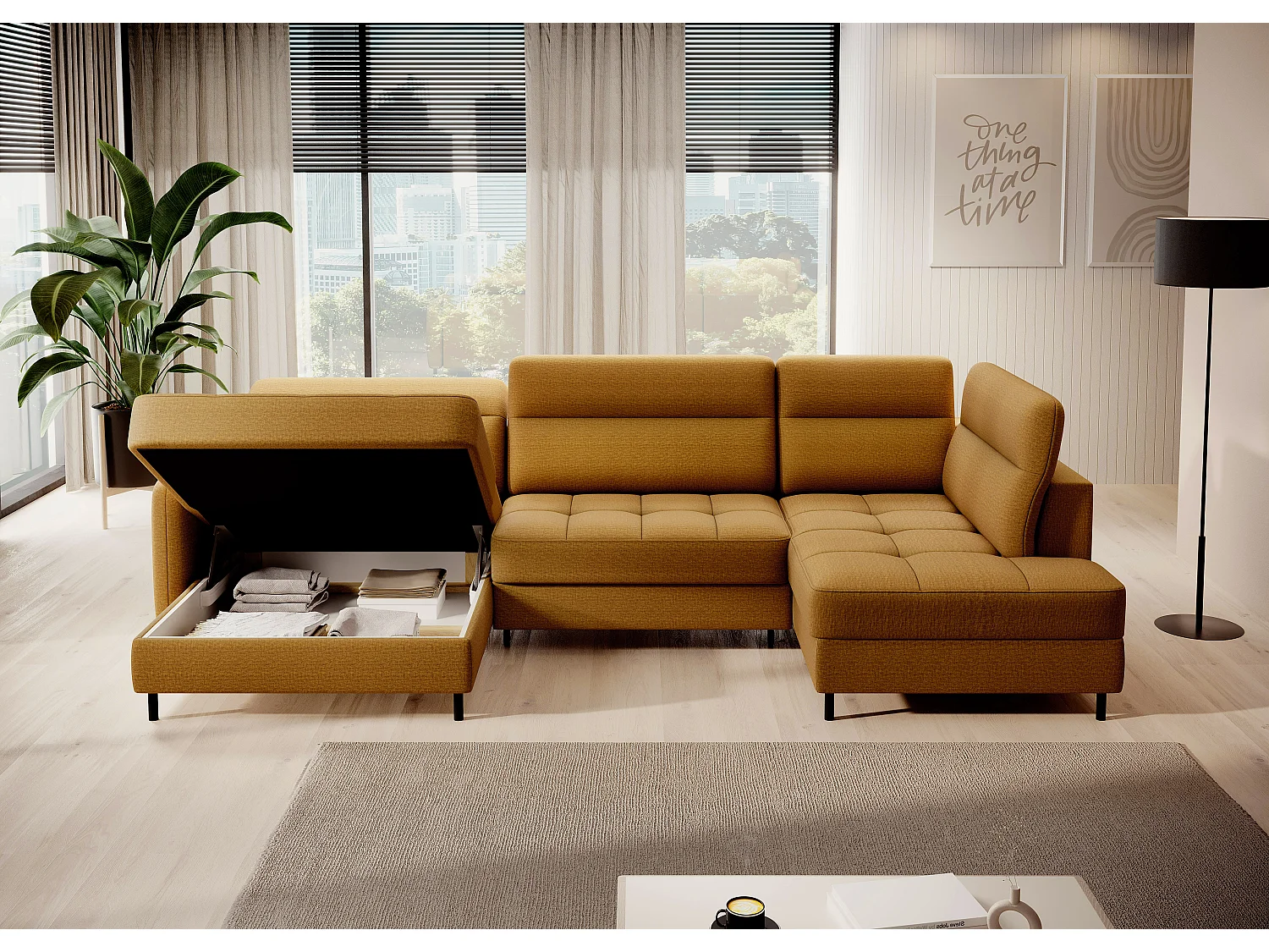 Canapé panoramique convertible BENTO en tissu avec coffre de rangement-Jaune moutarde-angle gauche