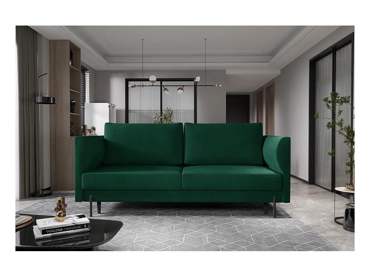 Canapé convertible en velours ROBBY – Rangement et pieds métal noir-Vert