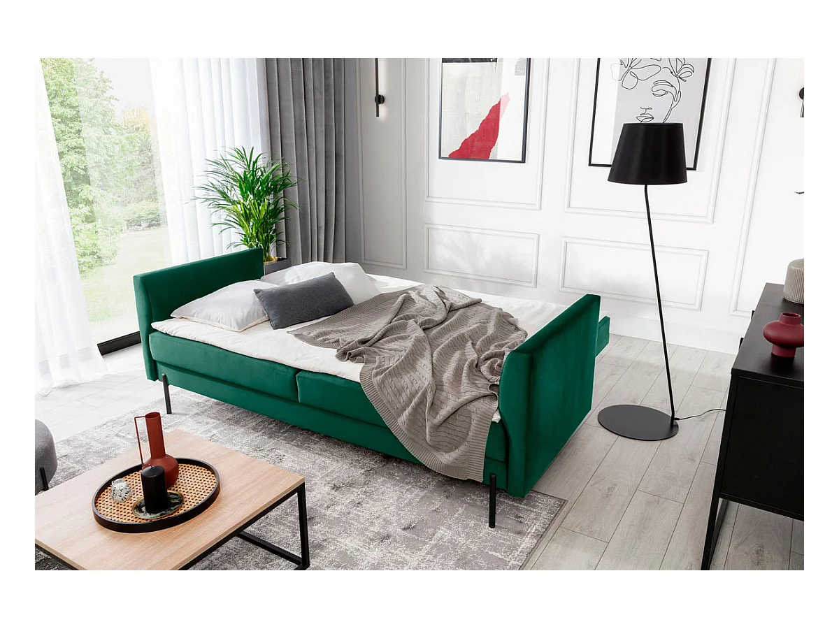 Canapé convertible en velours ROBBY – Rangement et pieds métal noir-Vert