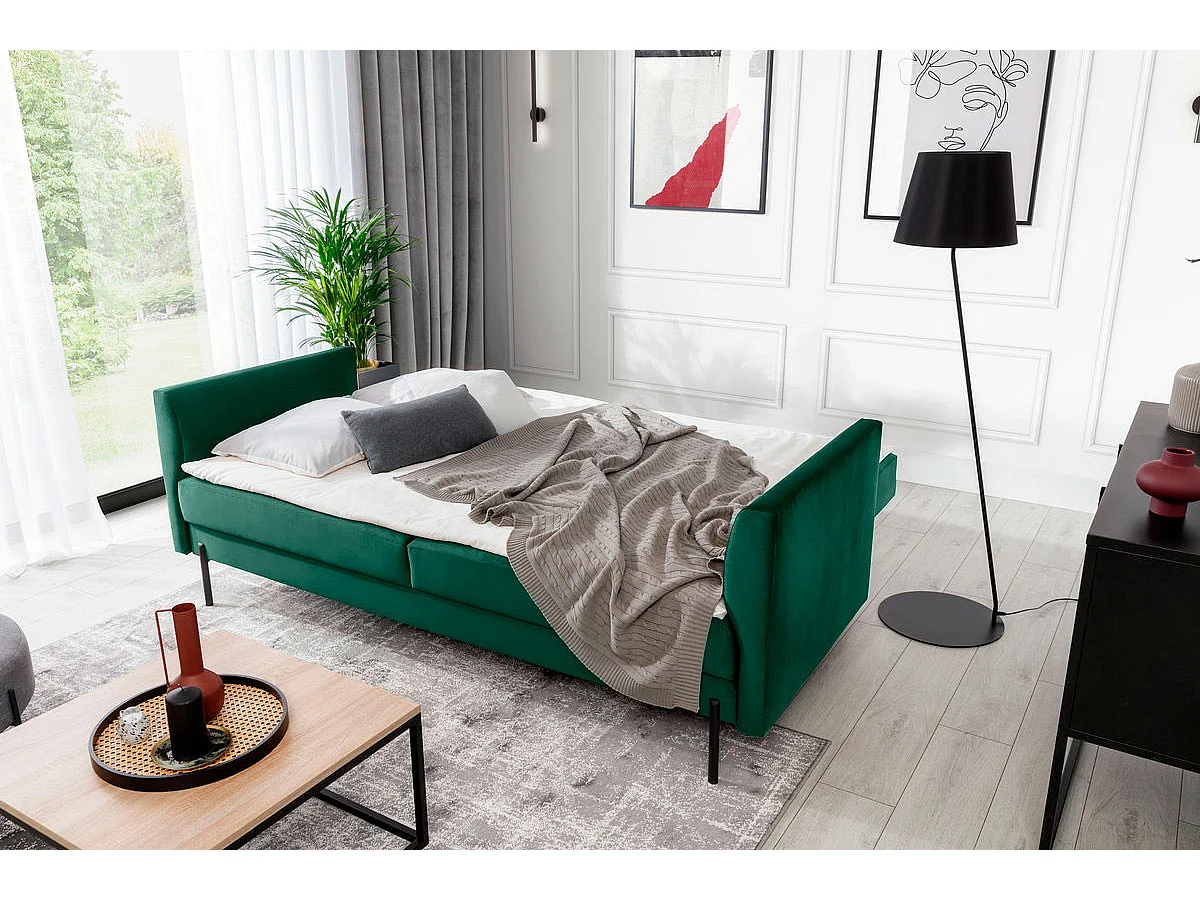 Canapé convertible en velours ROBBY – Rangement et pieds métal noir-Vert