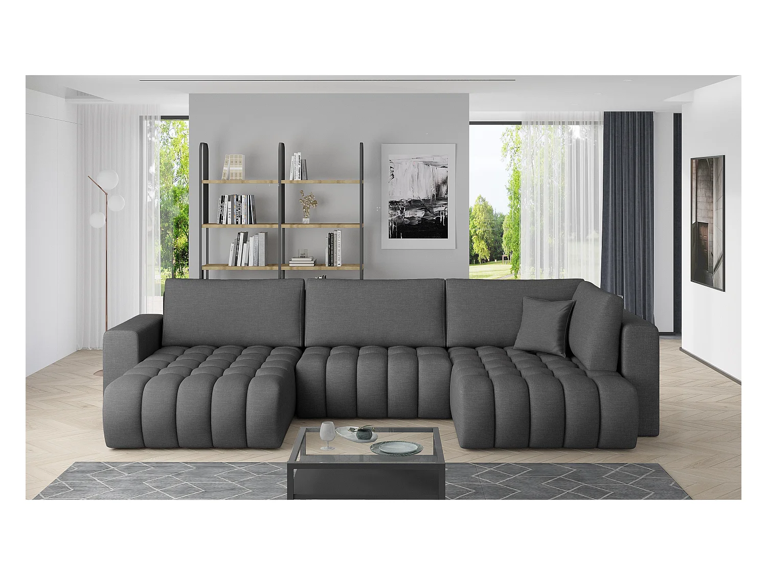 Canapé d'angle panoramique BOSTON en tissu capitonné-Gris foncé-Méridienne A gauche