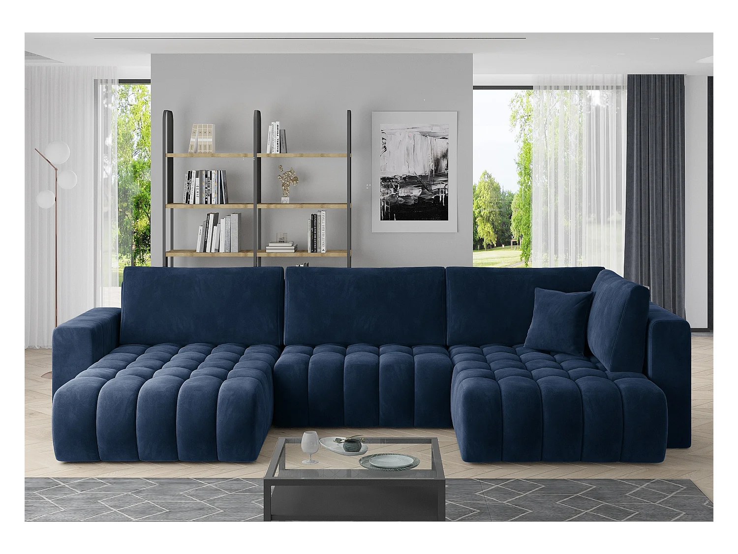 Canapé d'angle panoramique BOSTON en tissu capitonné-Gris foncé-Méridienne A gauche