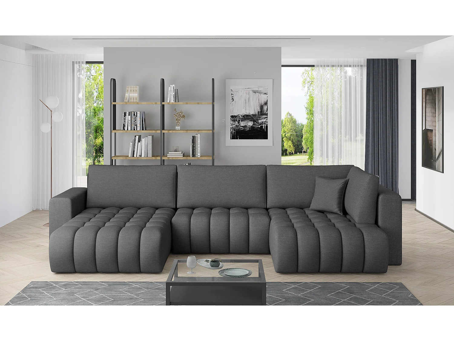 Canapé d'angle panoramique BOSTON en tissu capitonné-Gris foncé-Méridienne A gauche