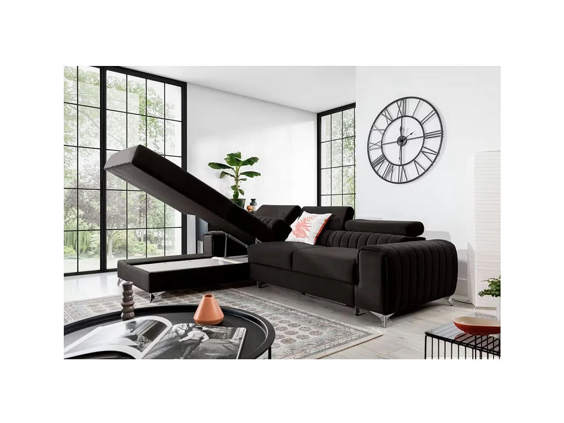 Canapé d'angle convertible velours têtière réglables GRENKY - Coffre, pieds acier chromé-Gris anthracite-angle gauche