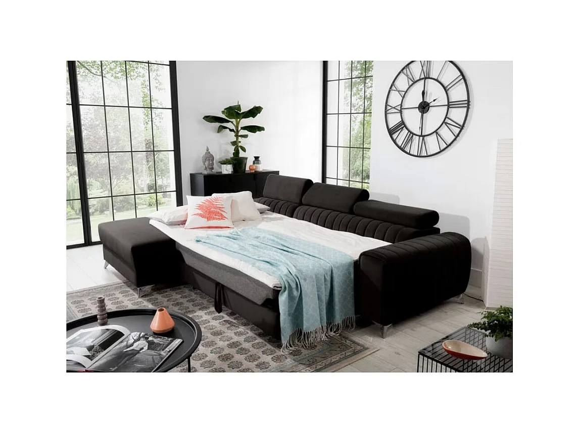 Canapé d'angle convertible velours têtière réglables GRENKY - Coffre, pieds acier chromé-Gris anthracite-angle gauche