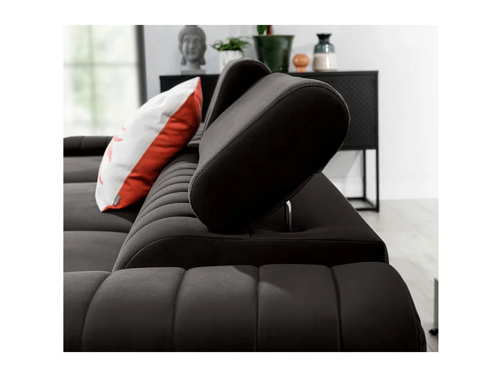 Canapé d'angle convertible velours têtière réglables GRENKY - Coffre, pieds acier chromé-Gris anthracite-angle gauche