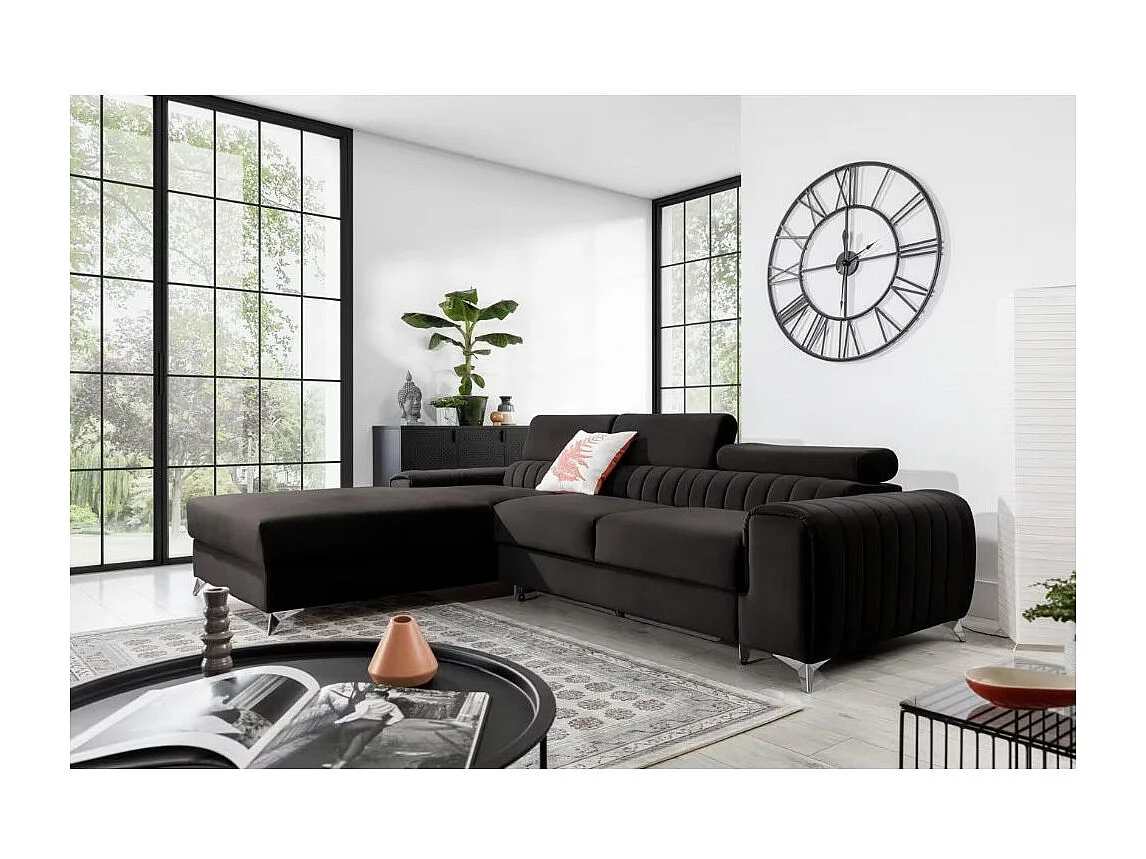 Canapé d'angle convertible velours têtière réglables GRENKY - Coffre, pieds acier chromé-Gris anthracite-angle gauche