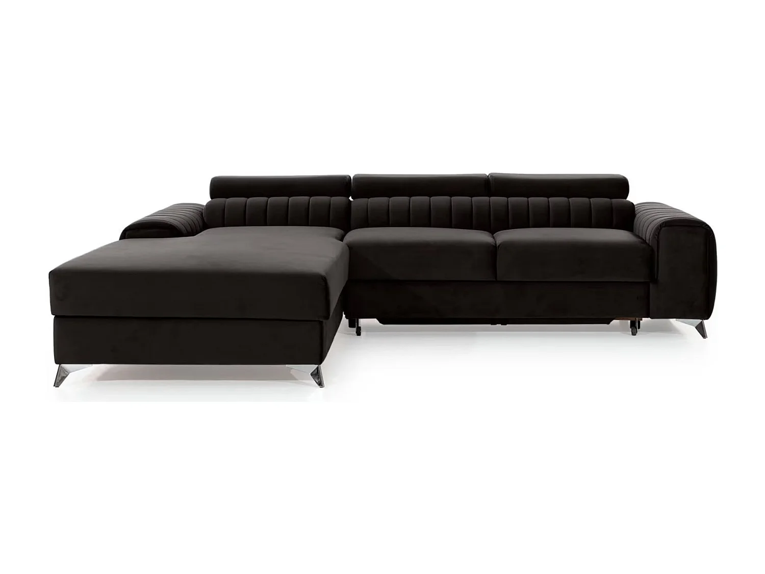 Canapé d'angle convertible velours têtière réglables GRENKY - Coffre, pieds acier chromé-Gris anthracite-angle gauche