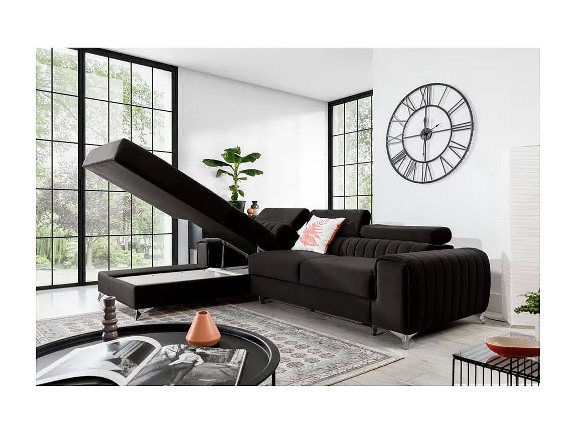 Canapé d'angle convertible velours têtière réglables GRENKY - Coffre, pieds acier chromé-Gris anthracite-angle gauche