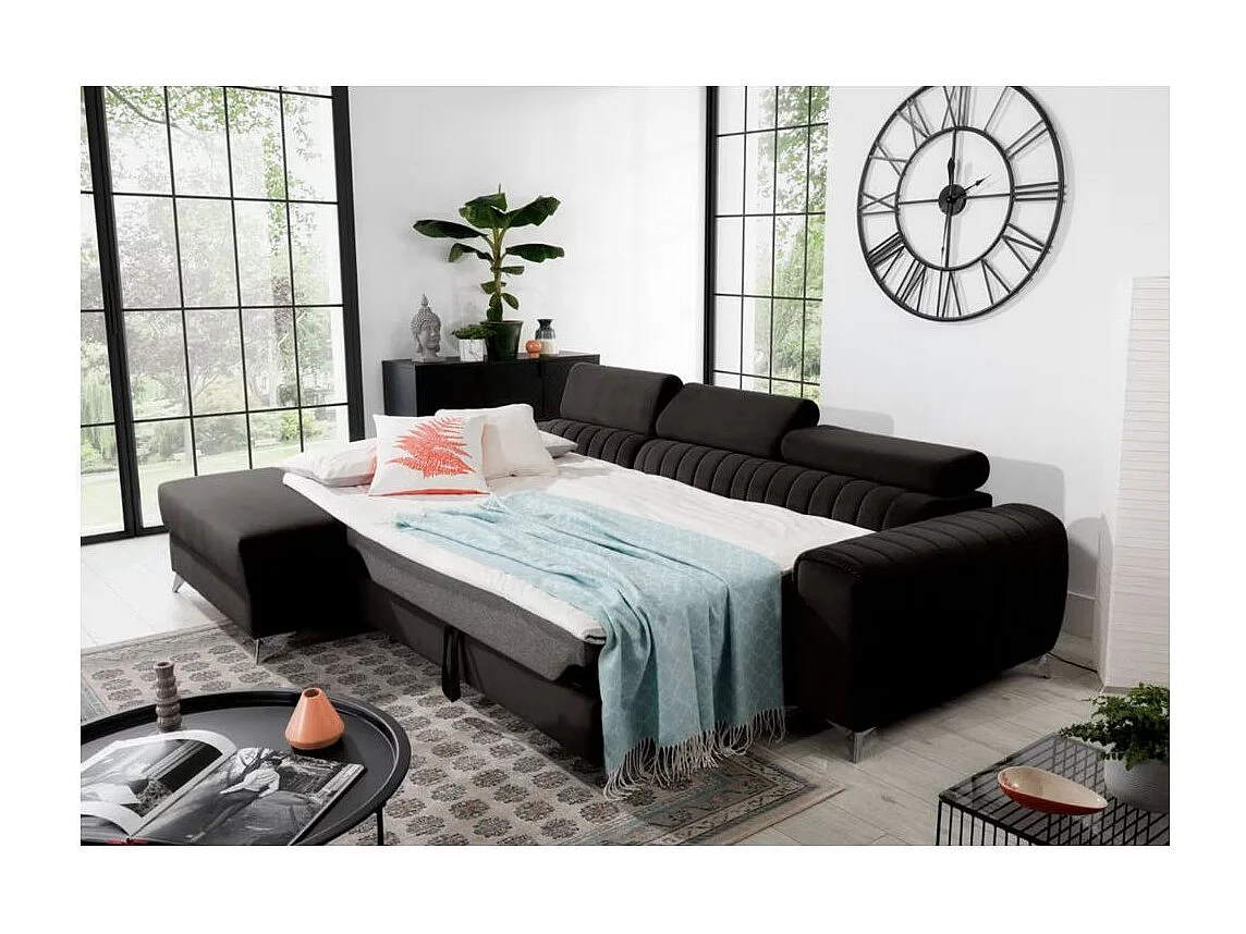 Canapé d'angle convertible velours têtière réglables GRENKY - Coffre, pieds acier chromé-Gris anthracite-angle gauche