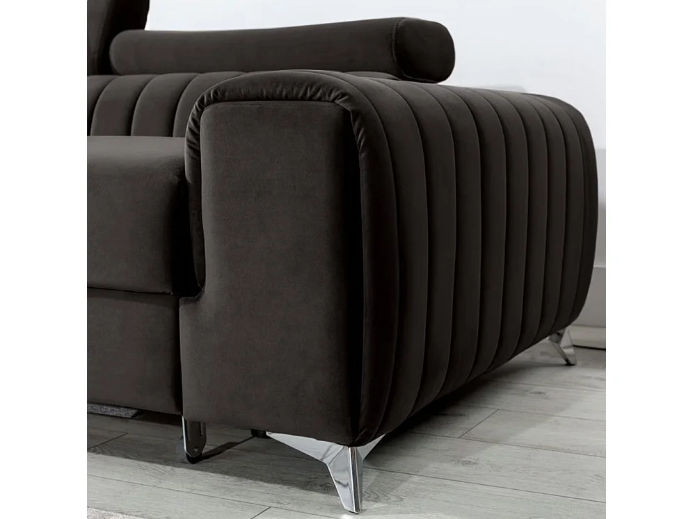Canapé d'angle convertible velours têtière réglables GRENKY - Coffre, pieds acier chromé-Gris anthracite-angle gauche