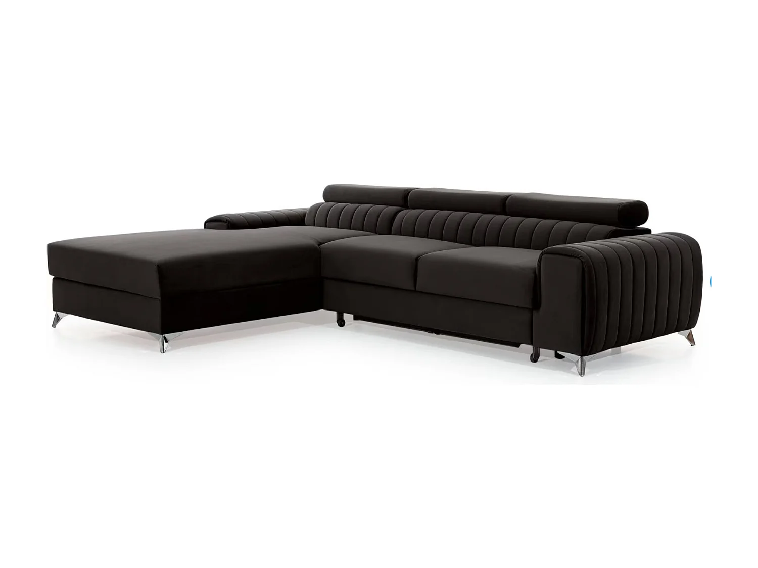 Canapé d'angle convertible velours têtière réglables GRENKY - Coffre, pieds acier chromé-Gris anthracite-angle gauche