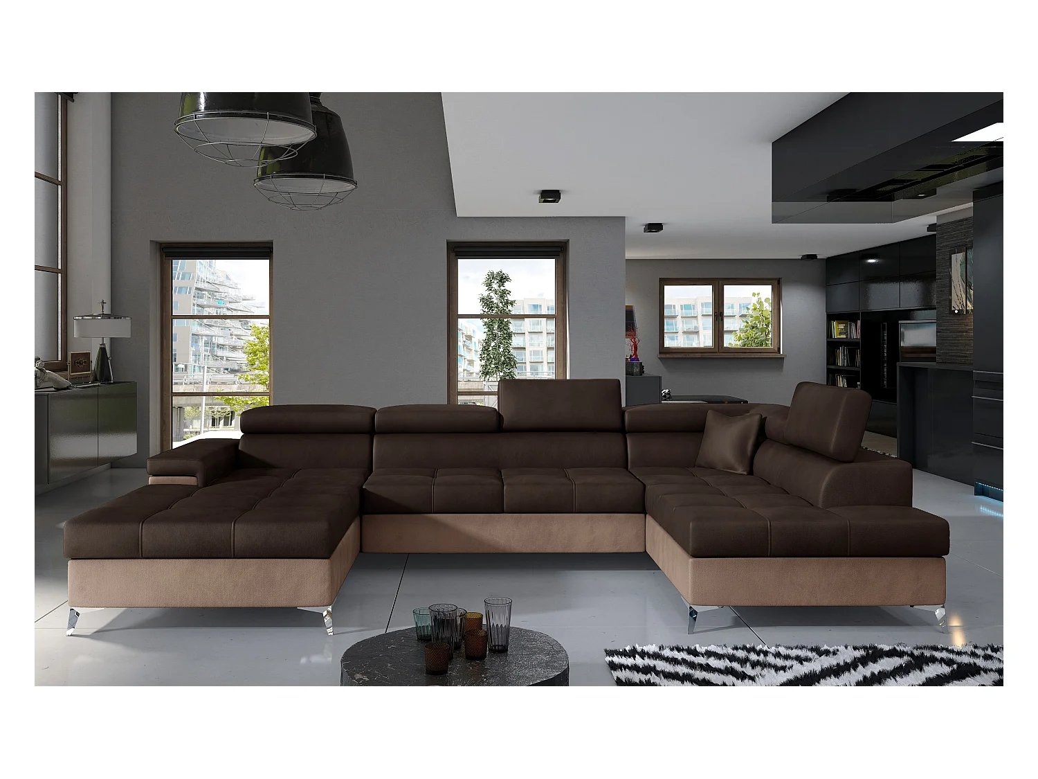 Canapé panoramique convertible KUTTY velours - Rangement et têtières réglables-Marron clair/Marron foncé-Coffre à droite