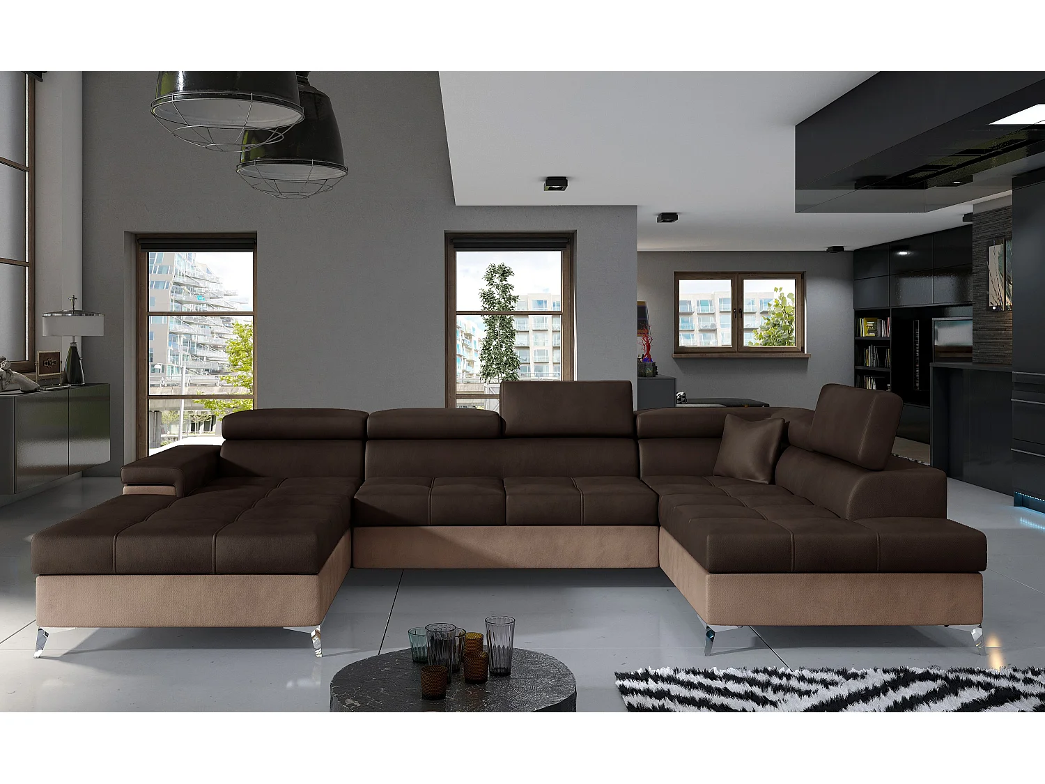 Canapé panoramique convertible KUTTY velours - Rangement et têtières réglables-Marron clair/Marron foncé-Coffre à droite