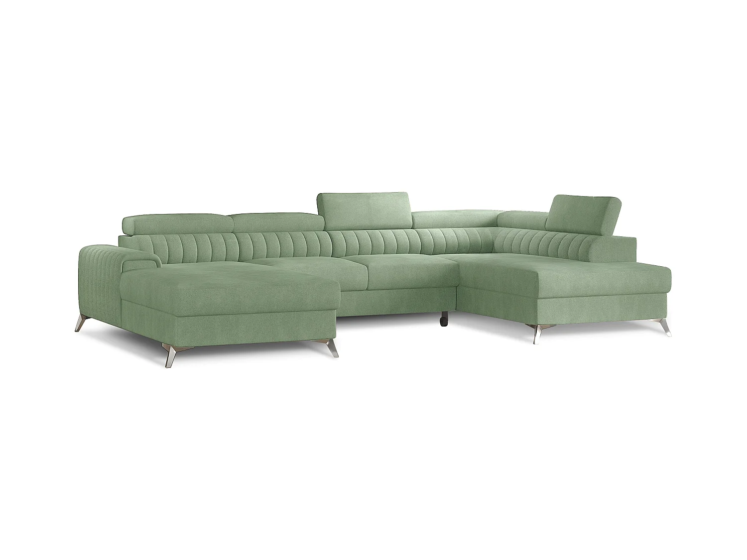 Canapé en U convertible KALANTE tissu - Coffre de rangement et appuie-têtes réglables-Vert clair-Coffre à droite