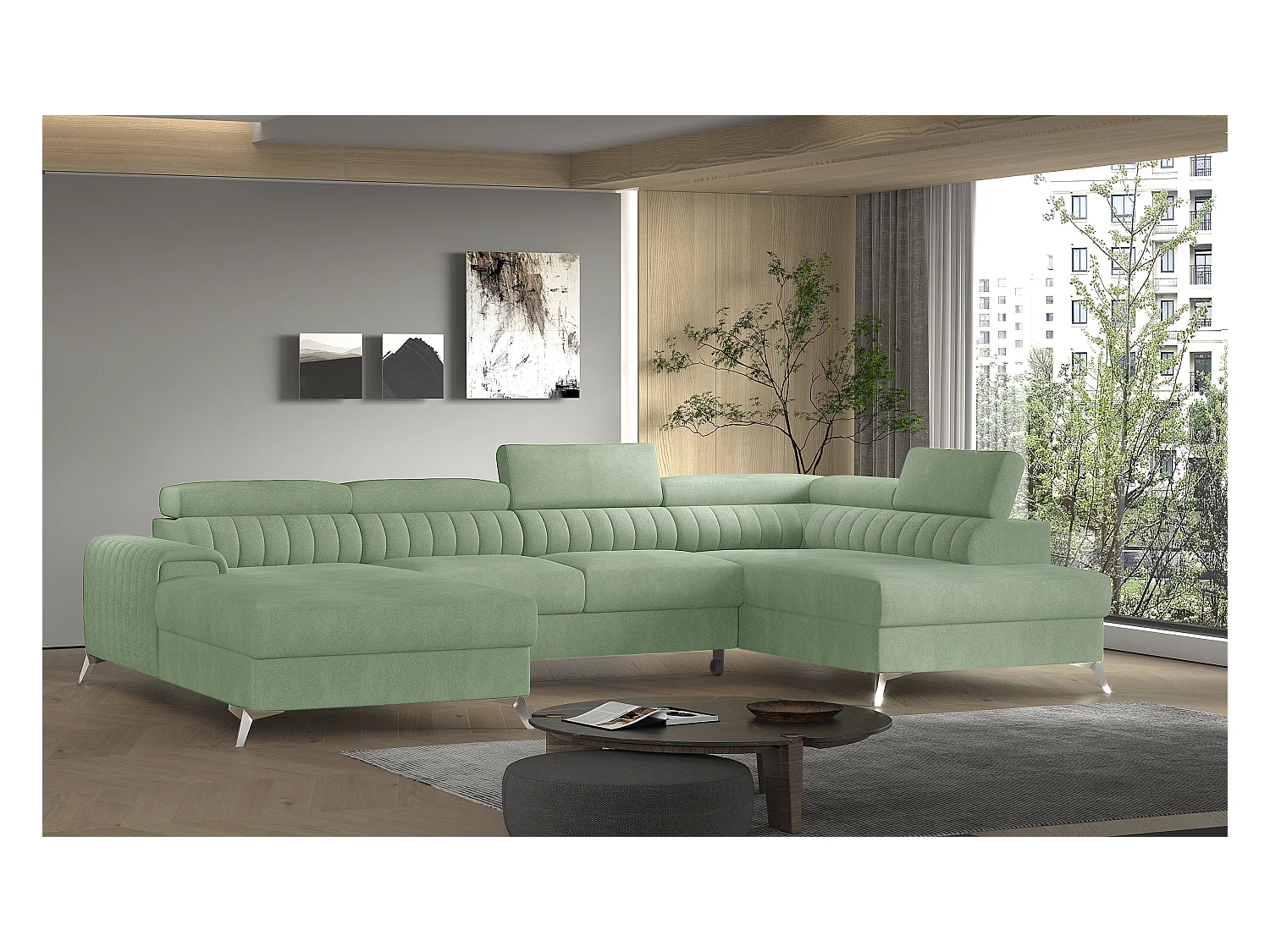 Canapé en U convertible KALANTE tissu - Coffre de rangement et appuie-têtes réglables-Vert clair-Coffre à droite