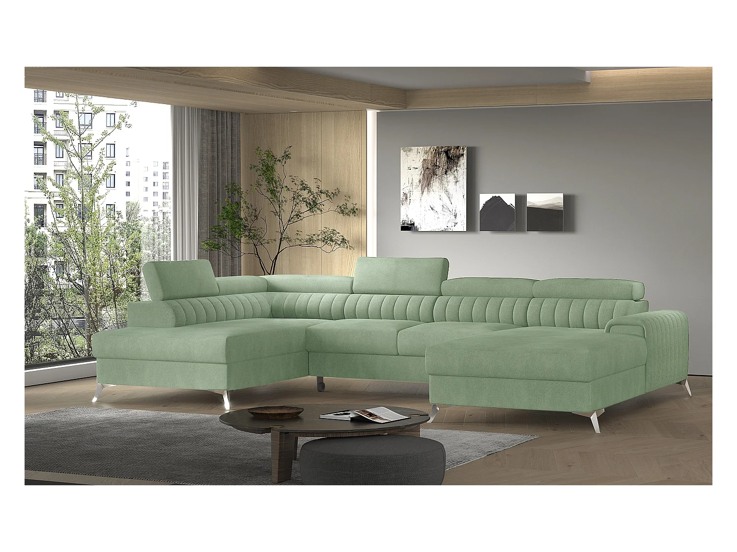 Canapé en U convertible KALANTE tissu - Coffre de rangement et appuie-têtes réglables-Vert clair-Coffre à droite