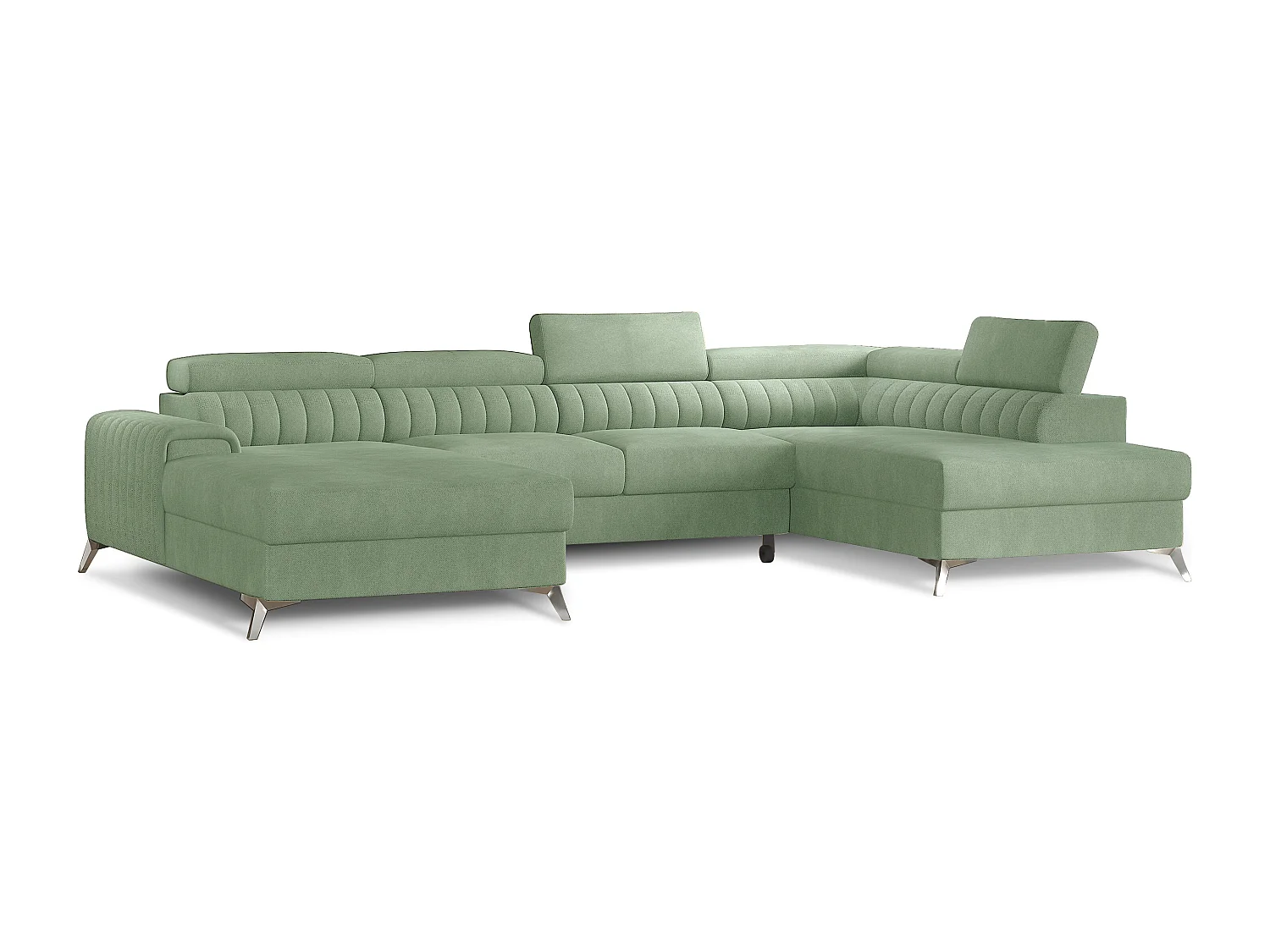 Canapé en U convertible KALANTE tissu - Coffre de rangement et appuie-têtes réglables-Vert clair-Coffre à droite