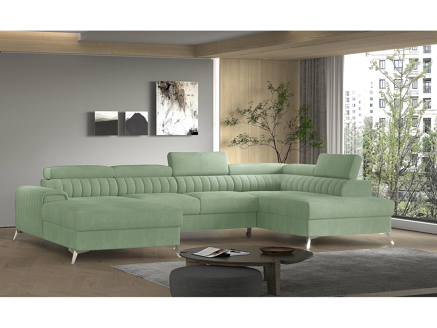 Canapé en U convertible KALANTE tissu - Coffre de rangement et appuie-têtes réglables-Vert clair-Coffre à droite