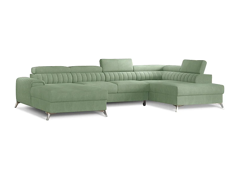 Canapé en U convertible KALANTE tissu - Coffre de rangement et appuie-têtes réglables-Vert clair-Coffre à droite
