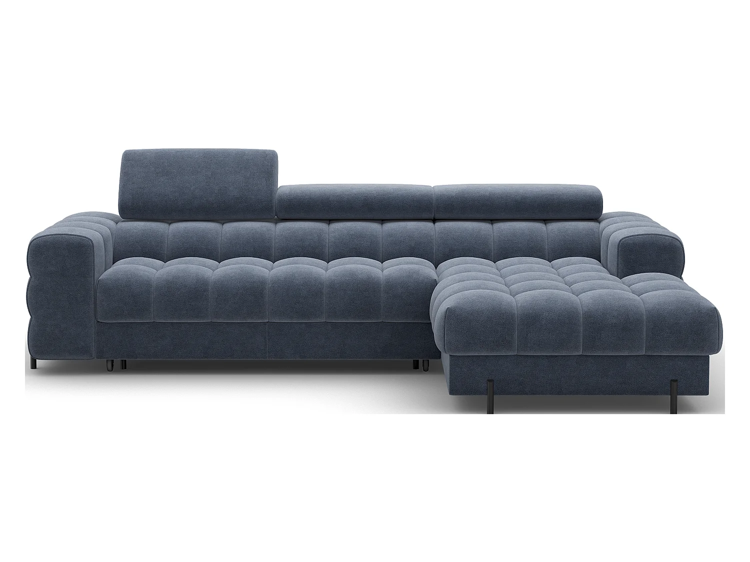 Canapé d’angle convertible velours appuis-tête réglables KATE – Coffre et pieds métal noir-Bleu marine-angle droit