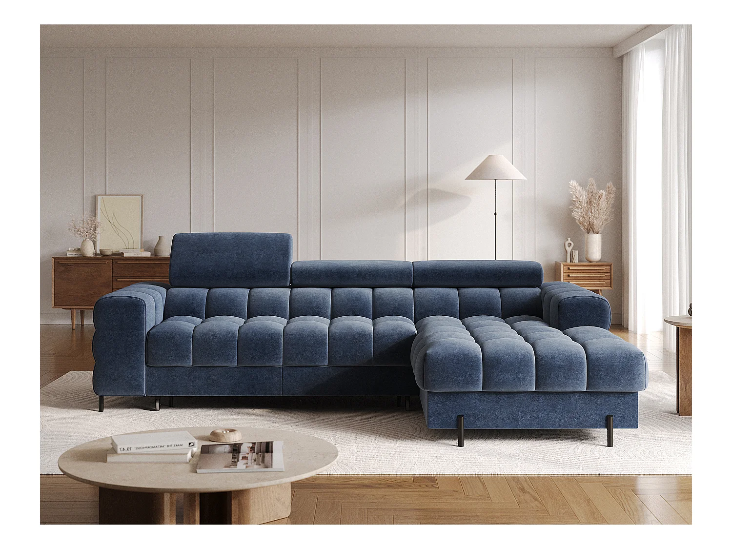 Canapé d’angle convertible velours appuis-tête réglables KATE – Coffre et pieds métal noir-Bleu marine-angle droit