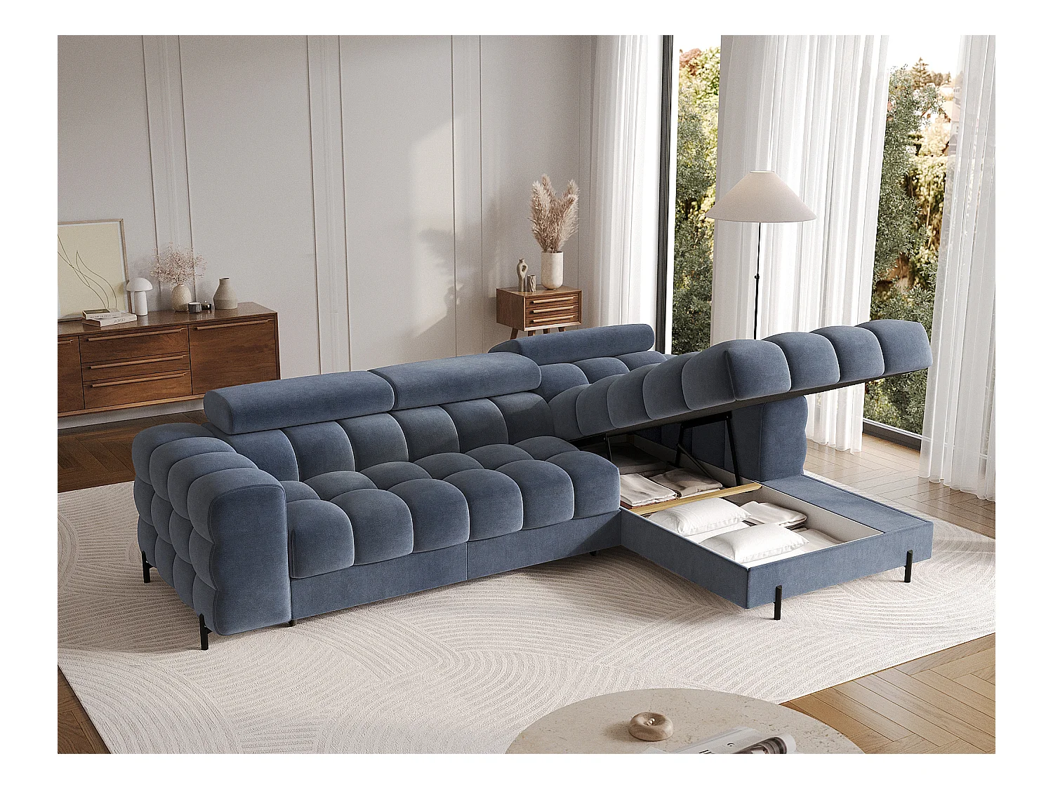 Canapé d’angle convertible velours appuis-tête réglables KATE – Coffre et pieds métal noir-Bleu marine-angle droit