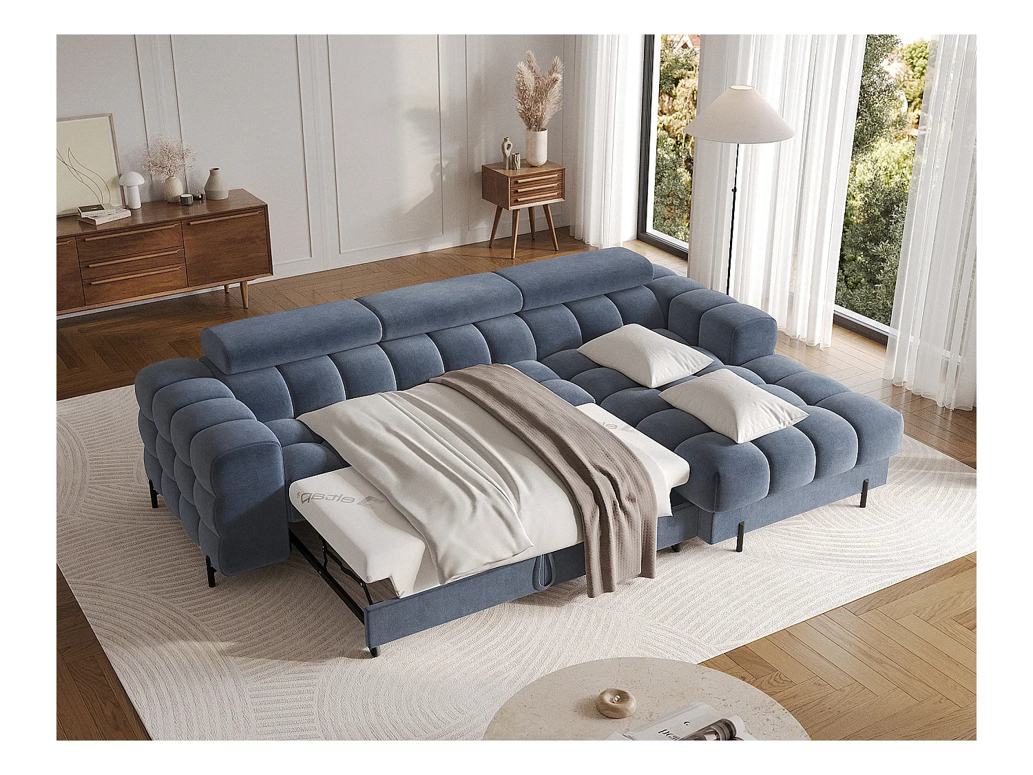 Canapé d’angle convertible velours appuis-tête réglables KATE – Coffre et pieds métal noir-Bleu marine-angle droit