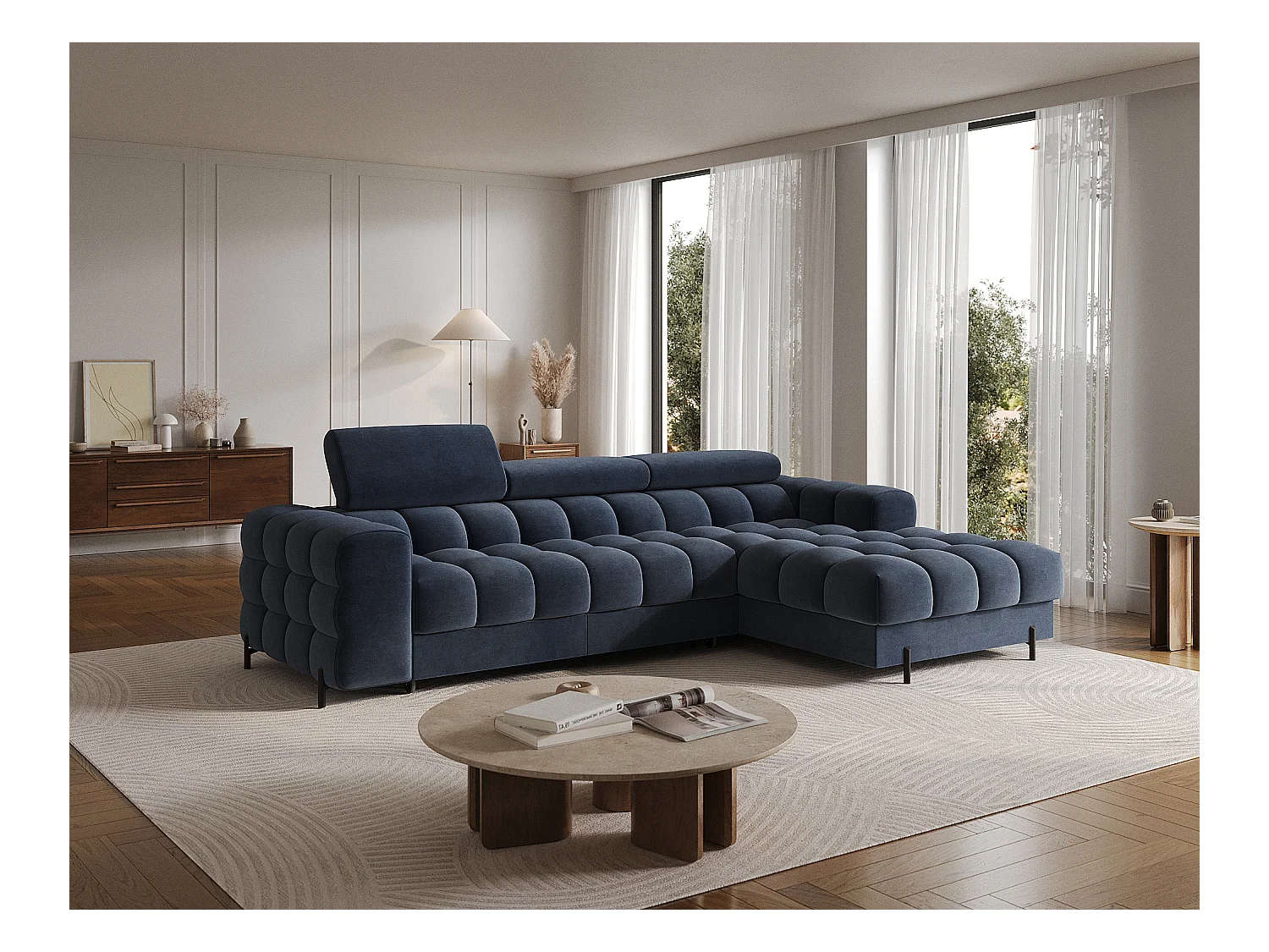 Canapé d’angle convertible velours appuis-tête réglables KATE – Coffre et pieds métal noir-Bleu marine-angle droit