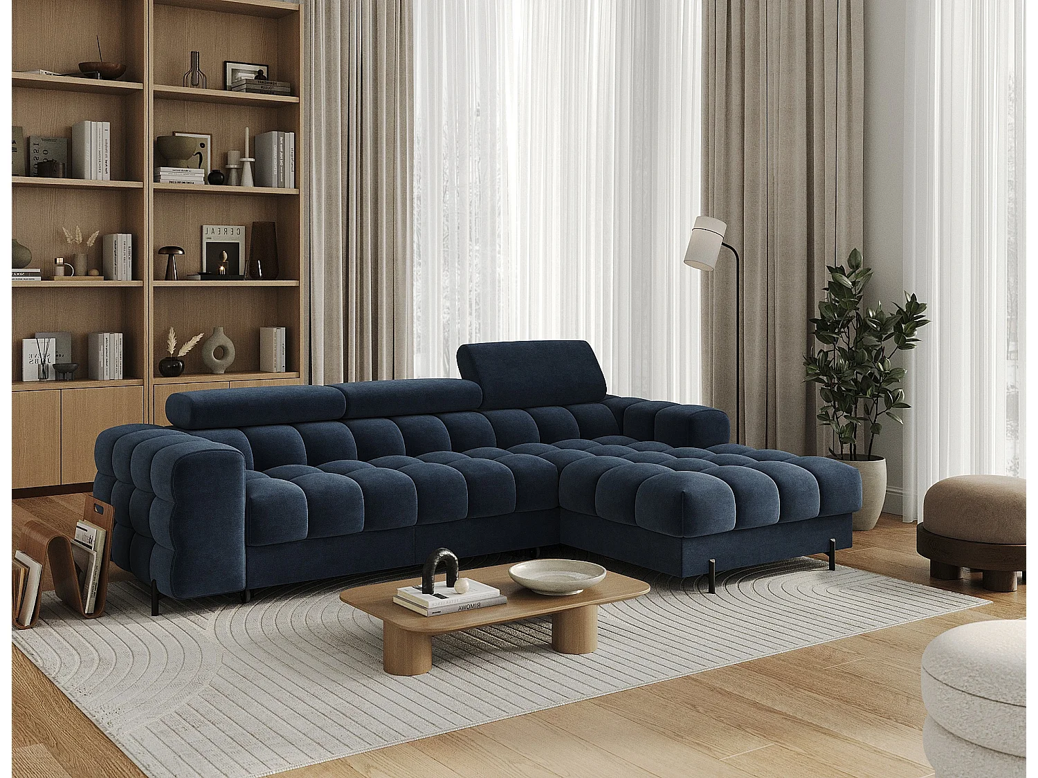 Canapé d’angle convertible velours appuis-tête réglables KATE – Coffre et pieds métal noir-Bleu marine-angle droit