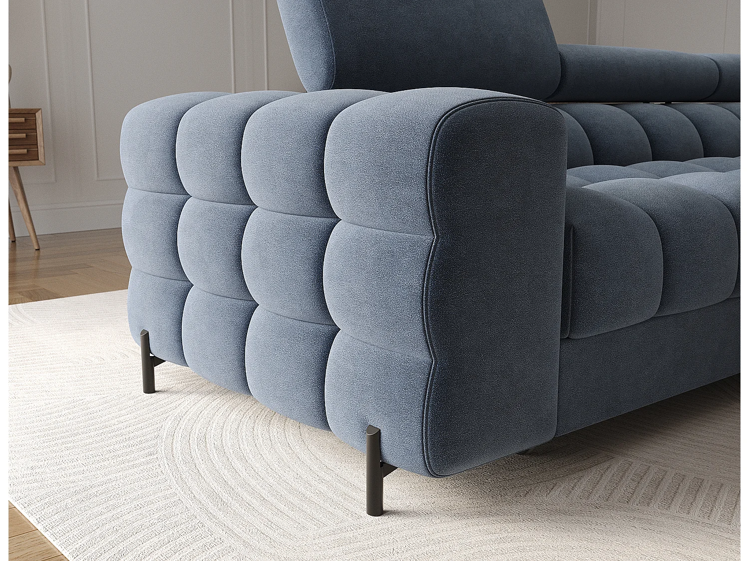 Canapé d’angle convertible velours appuis-tête réglables KATE – Coffre et pieds métal noir-Bleu marine-angle droit