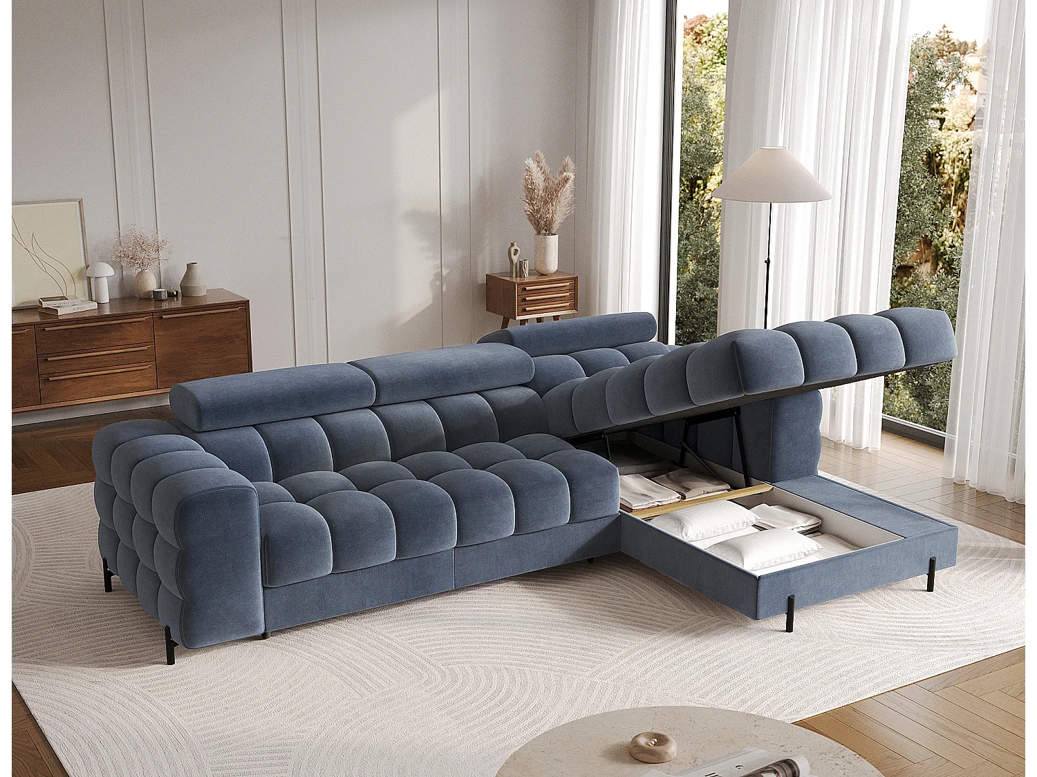 Canapé d’angle convertible velours appuis-tête réglables KATE – Coffre et pieds métal noir-Bleu marine-angle droit