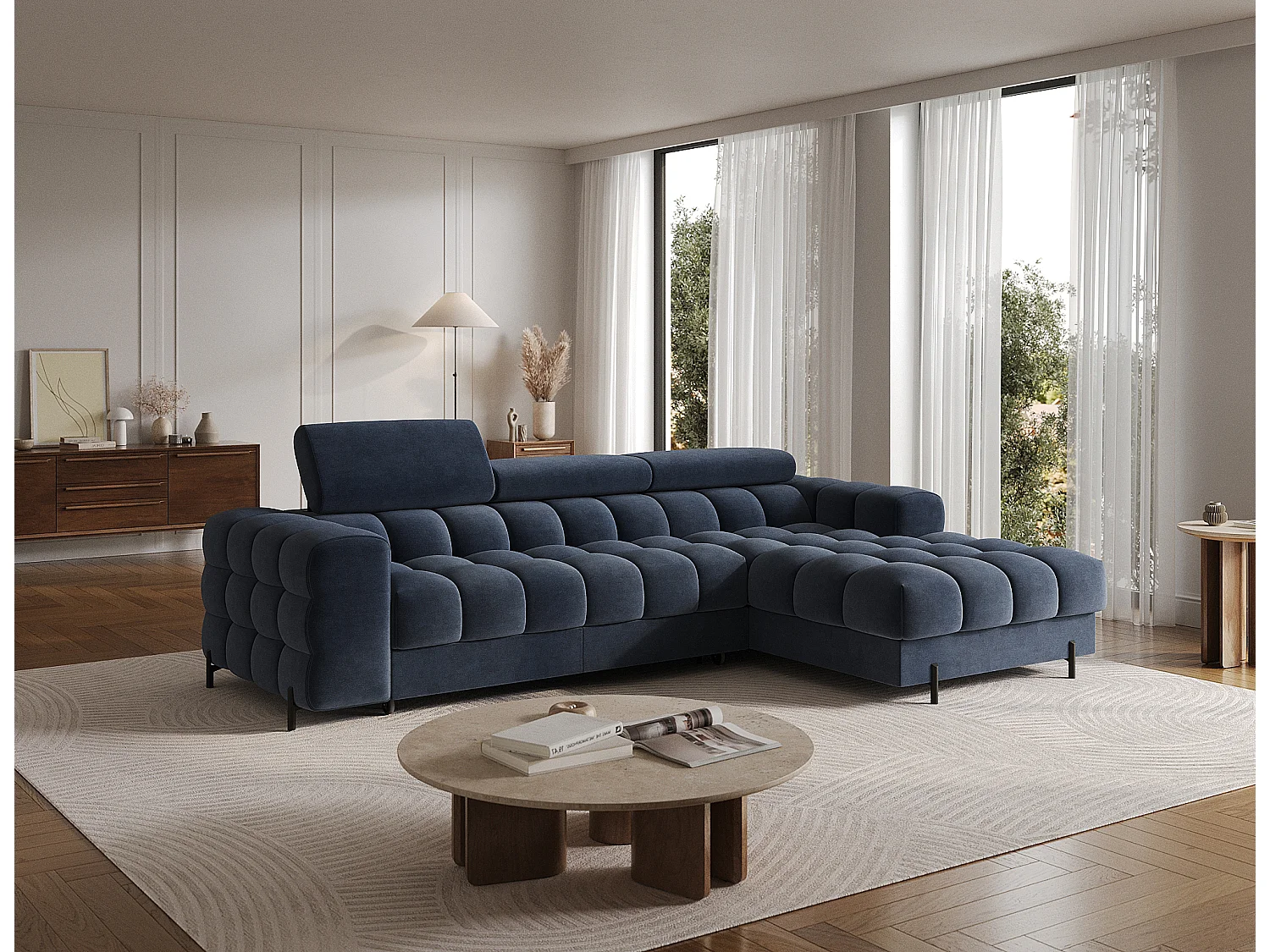 Canapé d’angle convertible velours appuis-tête réglables KATE – Coffre et pieds métal noir-Bleu marine-angle droit