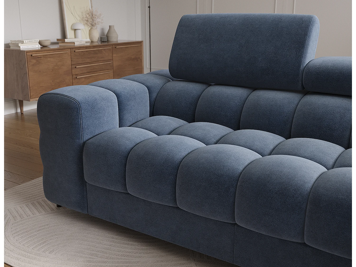 Canapé d’angle convertible velours appuis-tête réglables KATE – Coffre et pieds métal noir-Bleu marine-angle droit