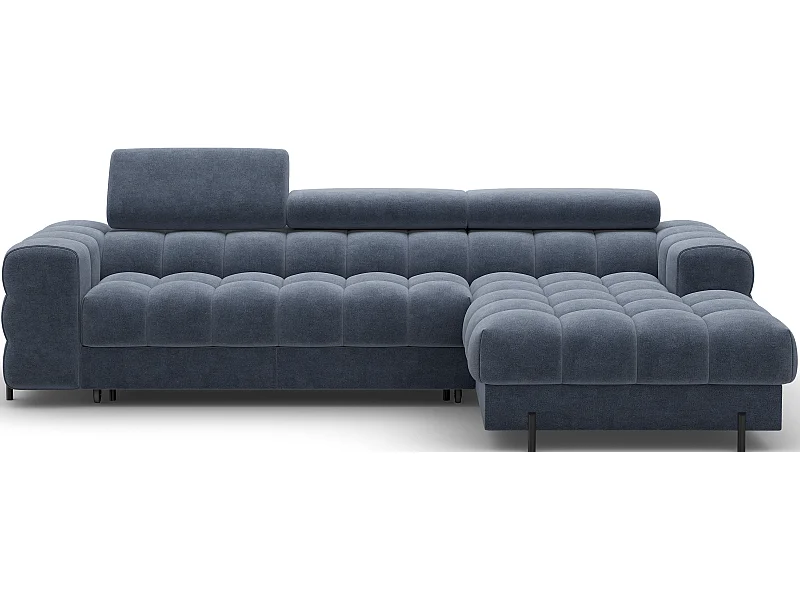 Canapé d’angle convertible velours appuis-tête réglables KATE – Coffre et pieds métal noir-Bleu marine-angle droit