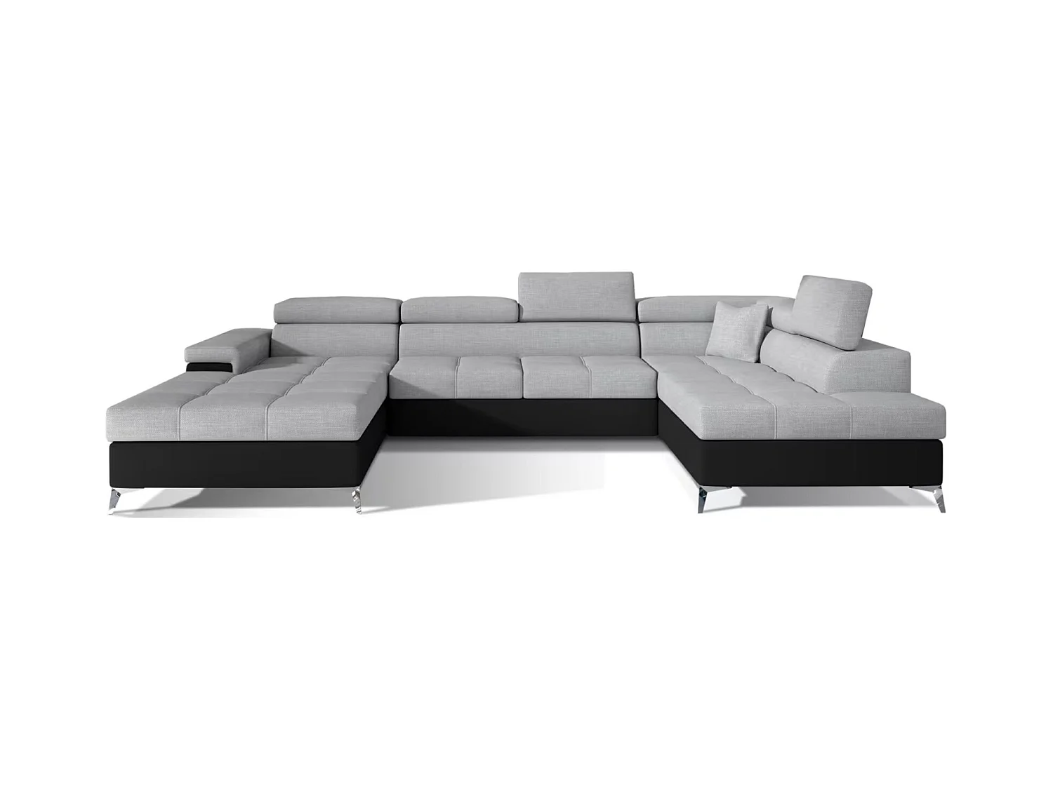 Canapé panoramique convertible KUTTY - Rangement et appuie-têtes réglables-Noir/Gris clair-Coffre à droite