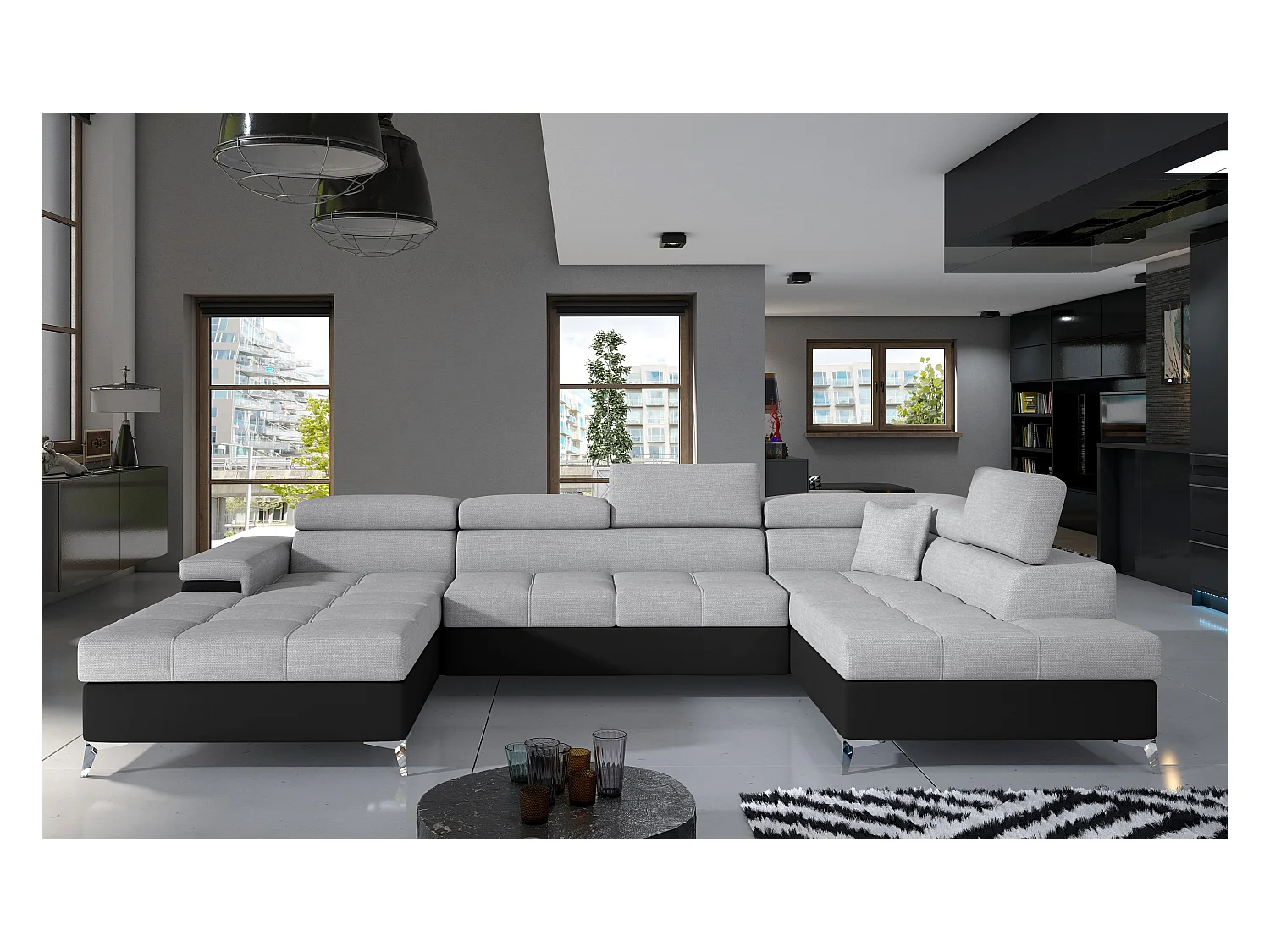 Canapé panoramique convertible KUTTY - Rangement et appuie-têtes réglables-Noir/Gris clair-Coffre à droite