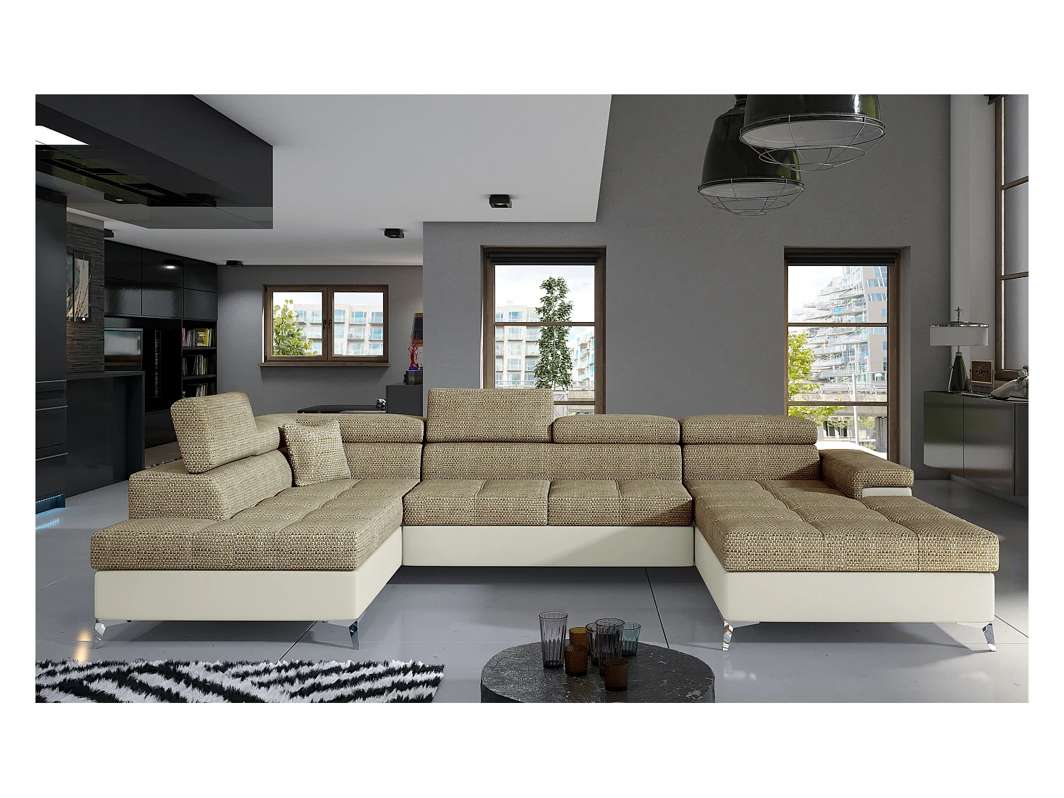 Canapé panoramique convertible KUTTY - Rangement et appuie-têtes réglables-Noir/Gris clair-Coffre à droite