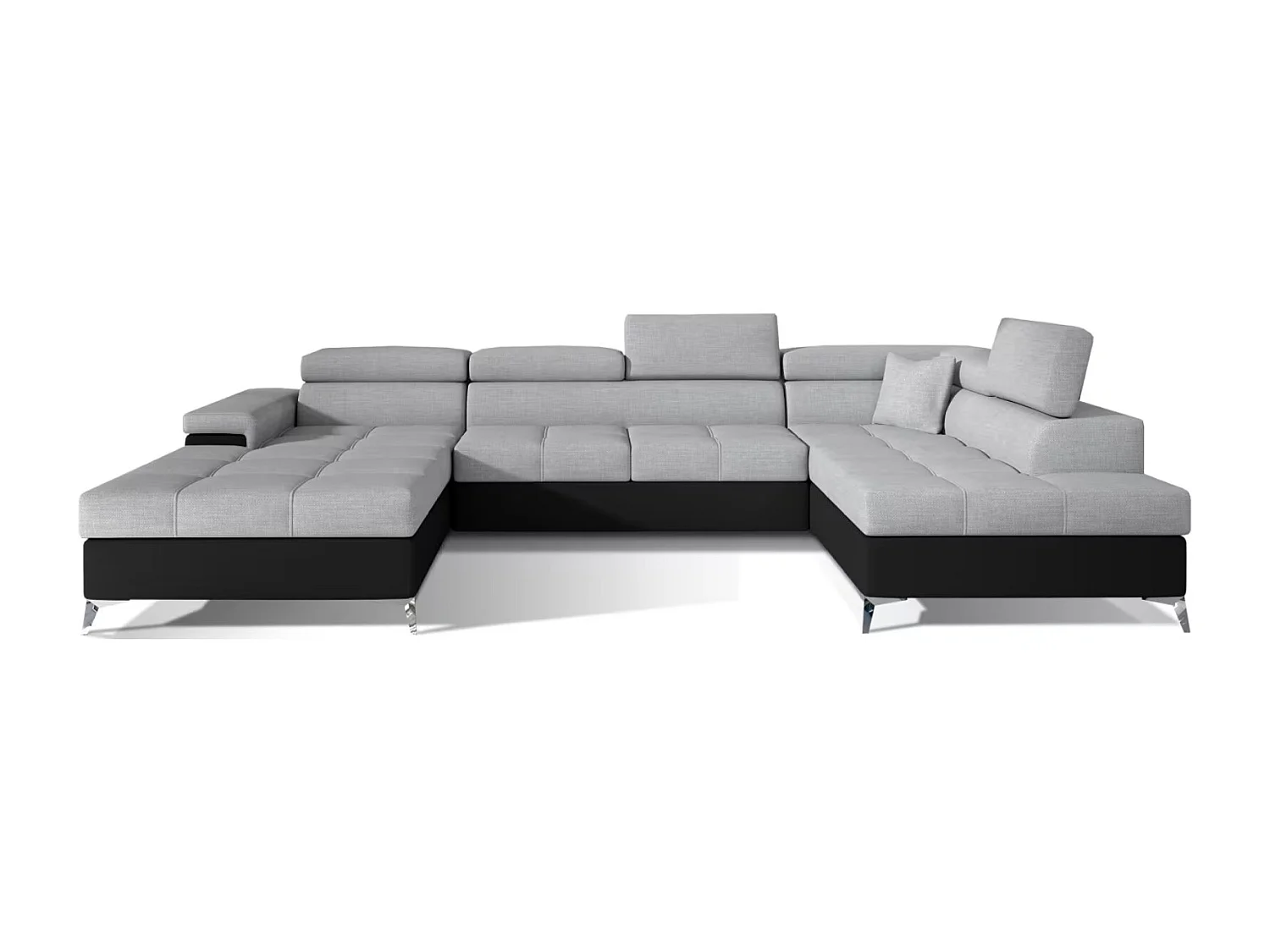 Canapé panoramique convertible KUTTY - Rangement et appuie-têtes réglables-Noir/Gris clair-Coffre à droite
