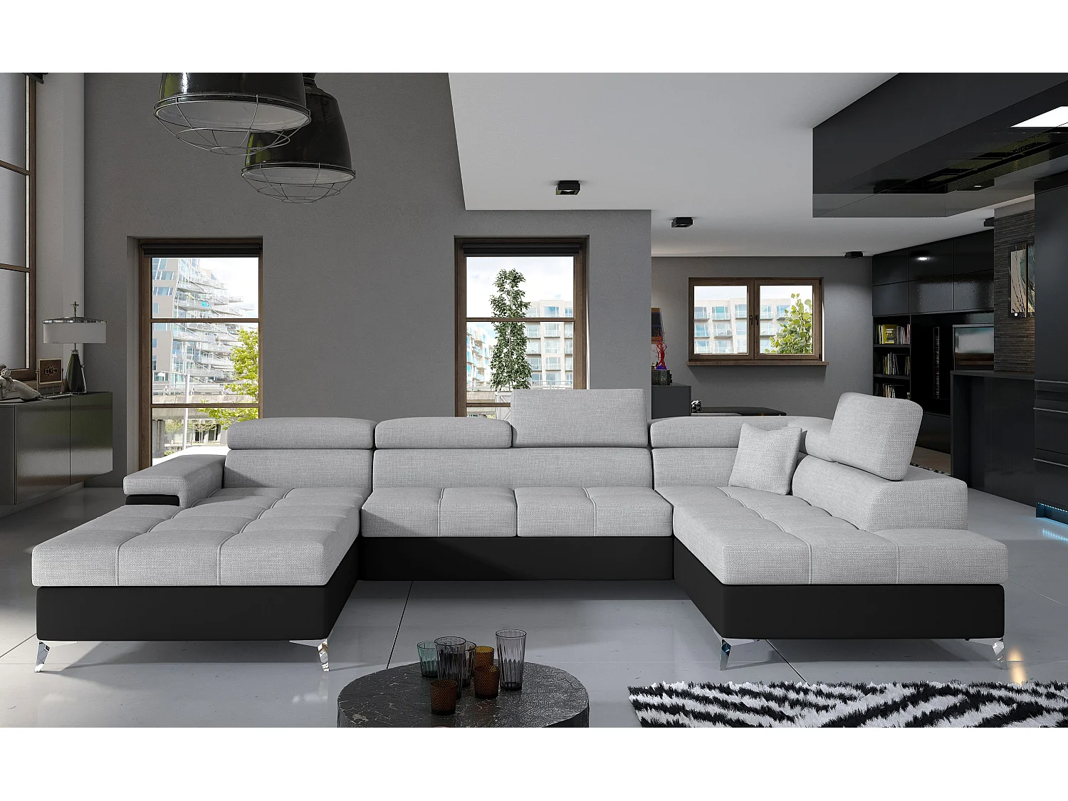 Canapé panoramique convertible KUTTY - Rangement et appuie-têtes réglables-Noir/Gris clair-Coffre à droite