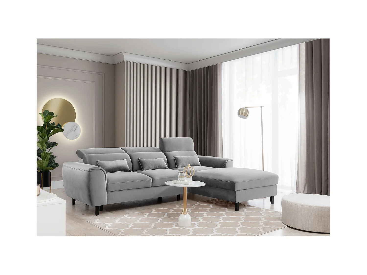 Canapé d'angle convertible velours appuis-tête réglables ASTORIA - Coffre et pieds bois noir-Gris clair-angle droit