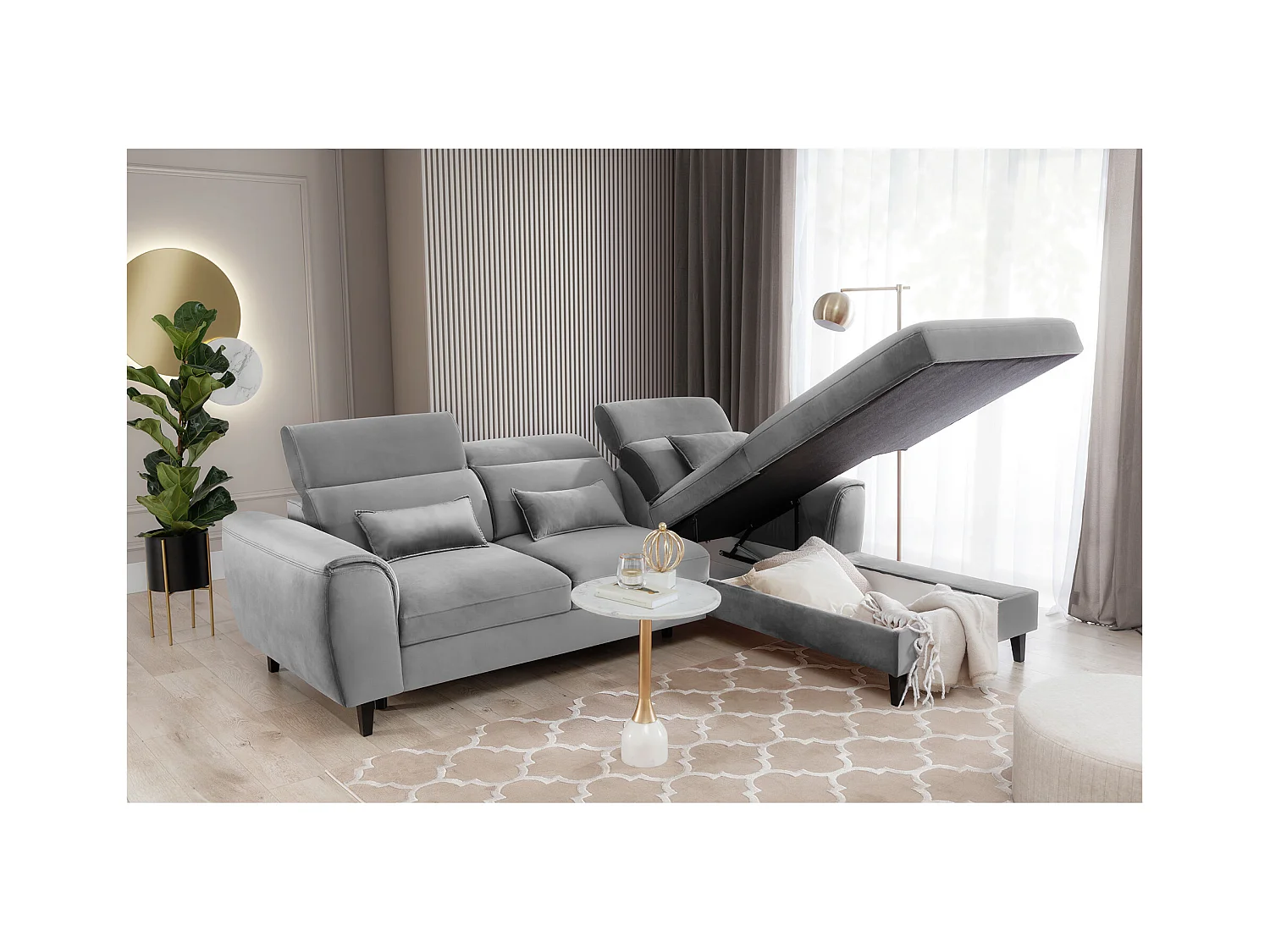 Canapé d'angle convertible velours appuis-tête réglables ASTORIA - Coffre et pieds bois noir-Gris clair-angle droit