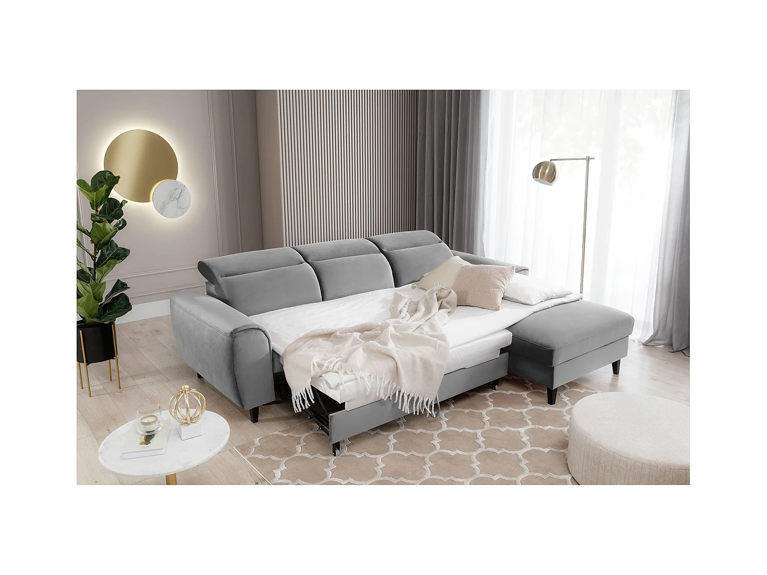 Canapé d'angle convertible velours appuis-tête réglables ASTORIA - Coffre et pieds bois noir-Gris clair-angle droit