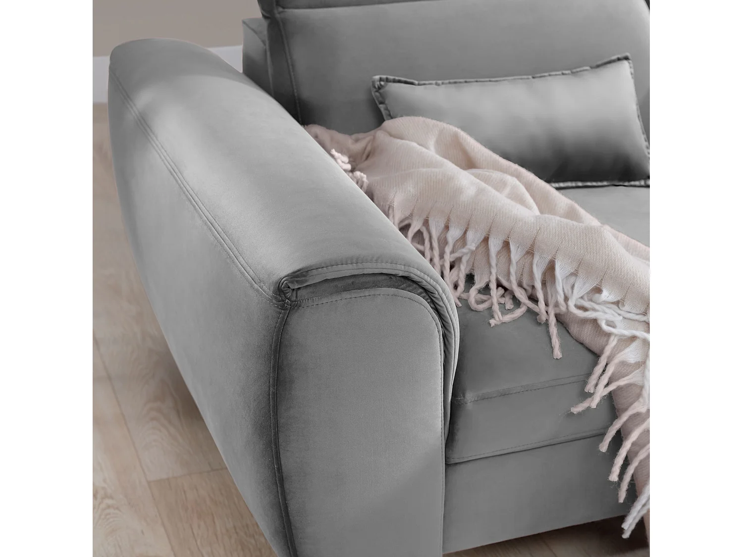 Canapé d'angle convertible velours appuis-tête réglables ASTORIA - Coffre et pieds bois noir-Gris clair-angle droit