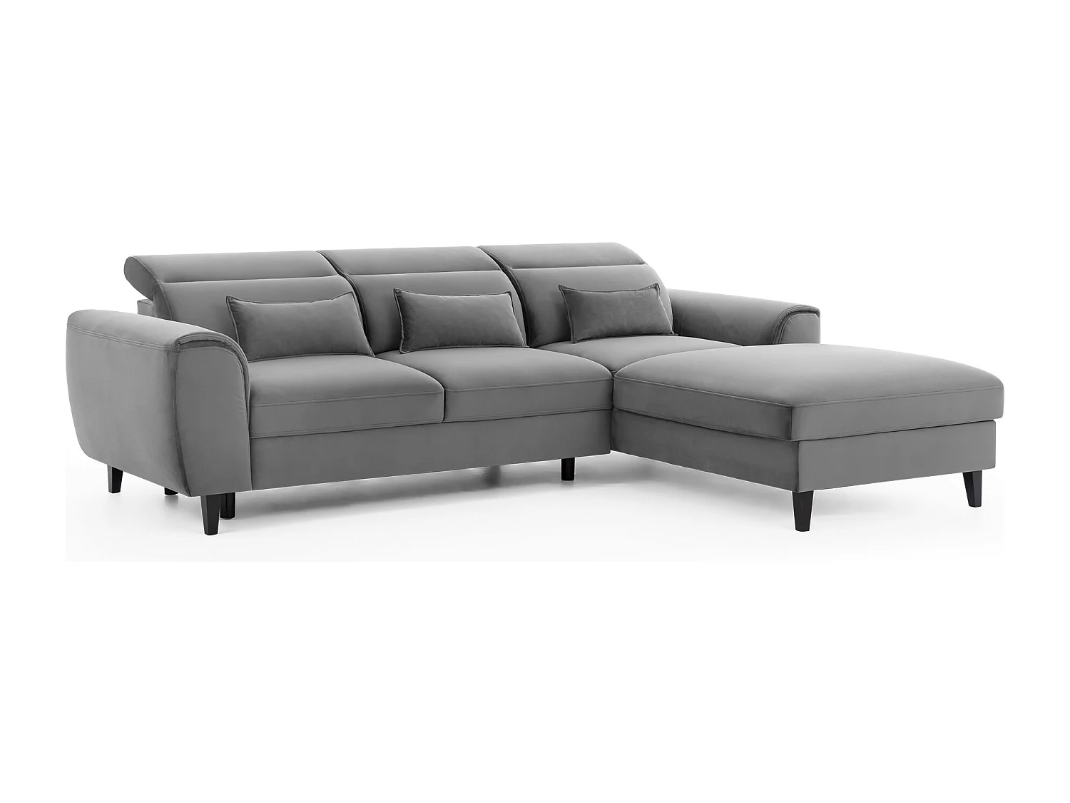 Canapé d'angle convertible velours appuis-tête réglables ASTORIA - Coffre et pieds bois noir-Gris clair-angle droit