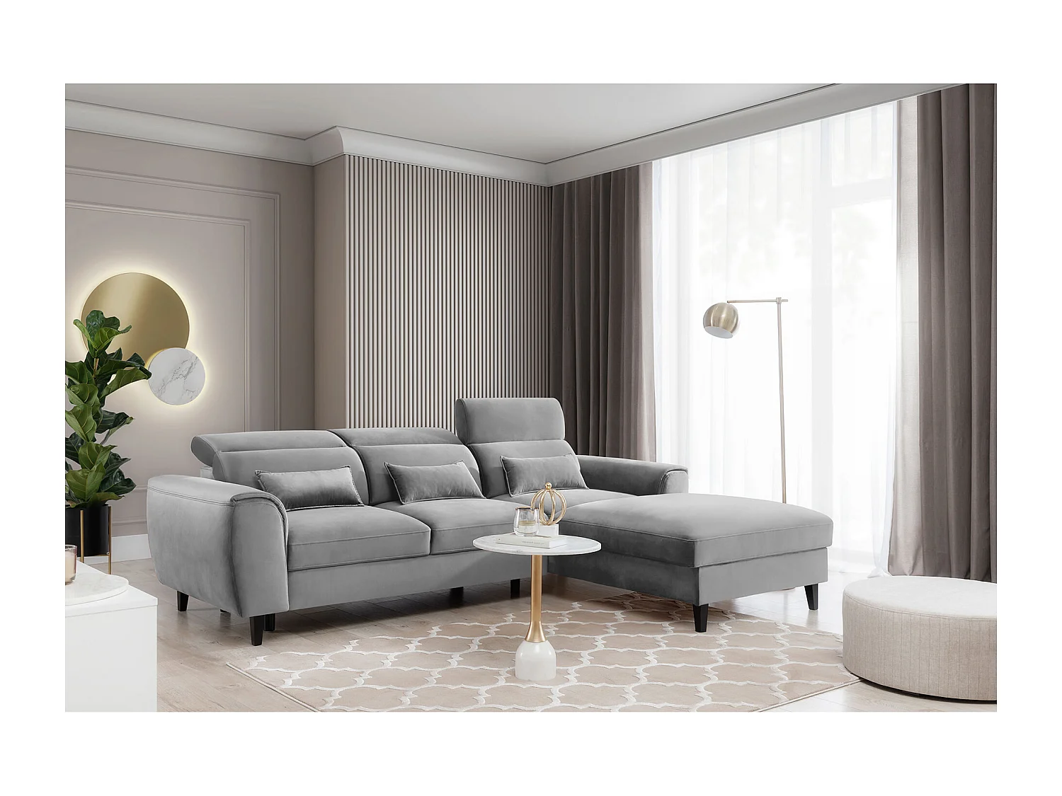 Canapé d'angle convertible velours appuis-tête réglables ASTORIA - Coffre et pieds bois noir-Gris clair-angle droit