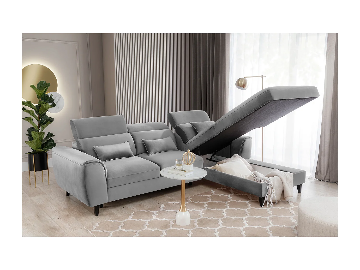 Canapé d'angle convertible velours appuis-tête réglables ASTORIA - Coffre et pieds bois noir-Gris clair-angle droit