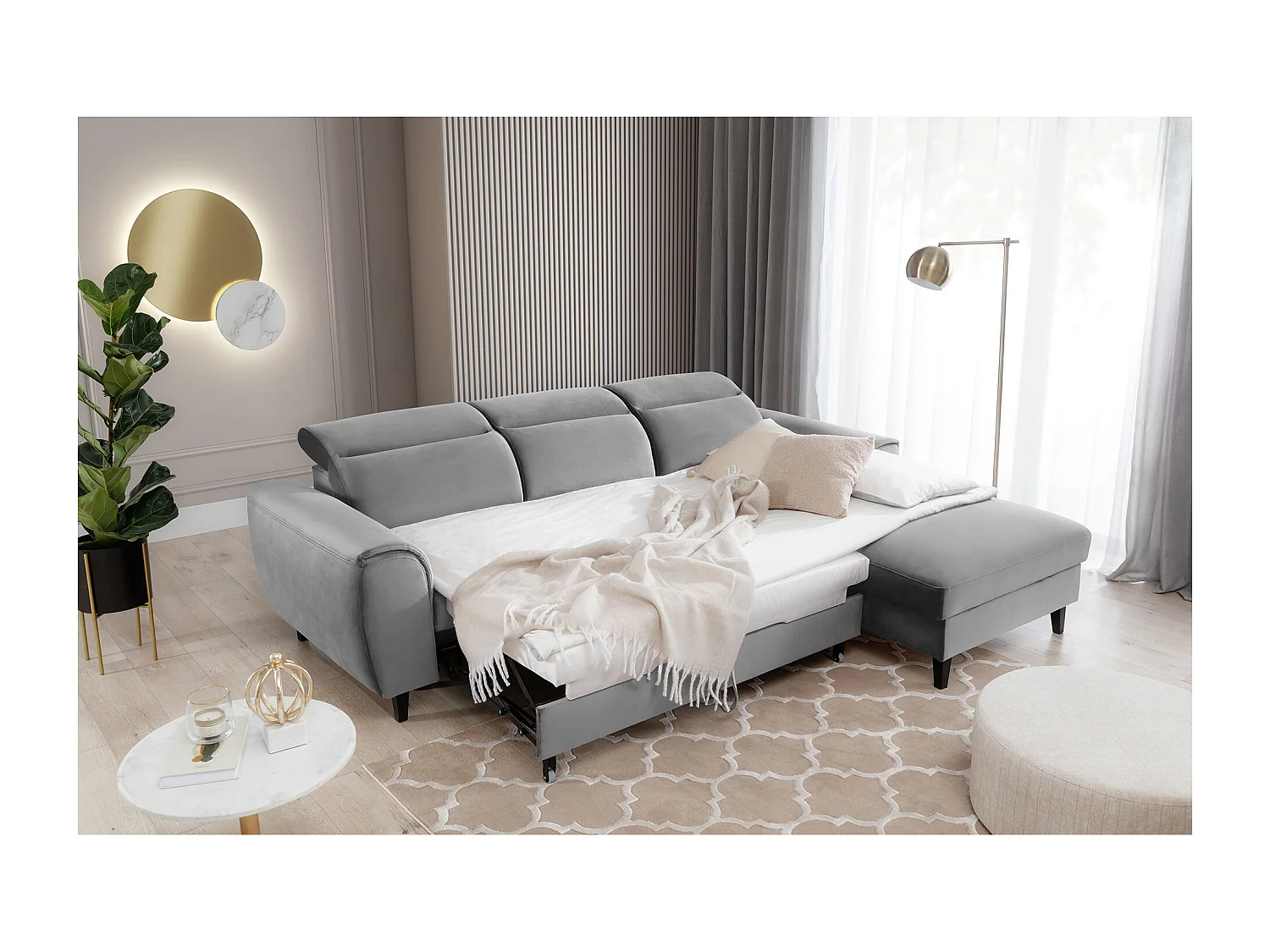 Canapé d'angle convertible velours appuis-tête réglables ASTORIA - Coffre et pieds bois noir-Gris clair-angle droit