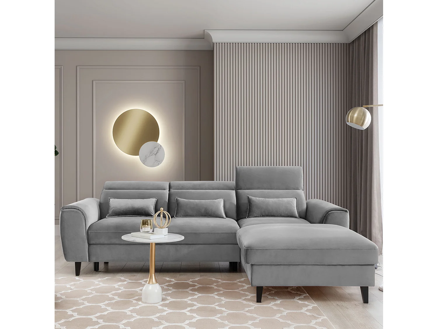 Canapé d'angle convertible velours appuis-tête réglables ASTORIA - Coffre et pieds bois noir-Gris clair-angle droit