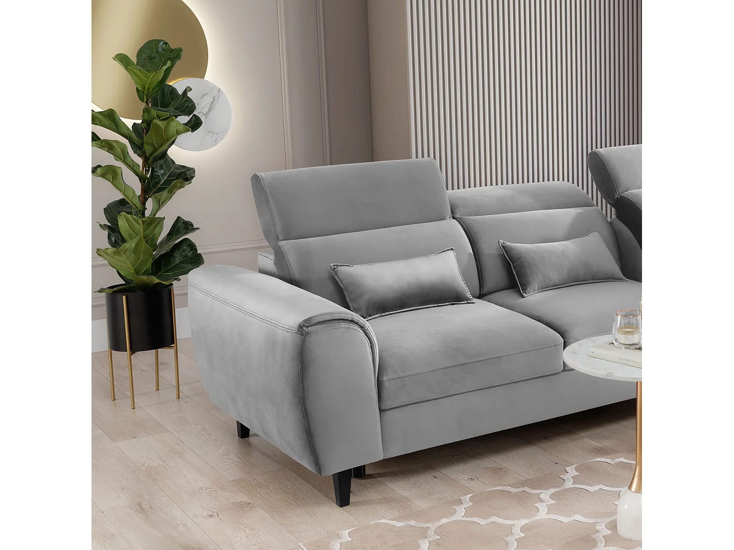 Canapé d'angle convertible velours appuis-tête réglables ASTORIA - Coffre et pieds bois noir-Gris clair-angle droit